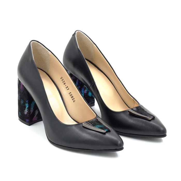 Pantofi dama din piele naturala neagra si cu imprimeu pene colorate cu varf ascutit stiletto si toc mediu gros imbracat de 8 cm 50824-2-25 [4]