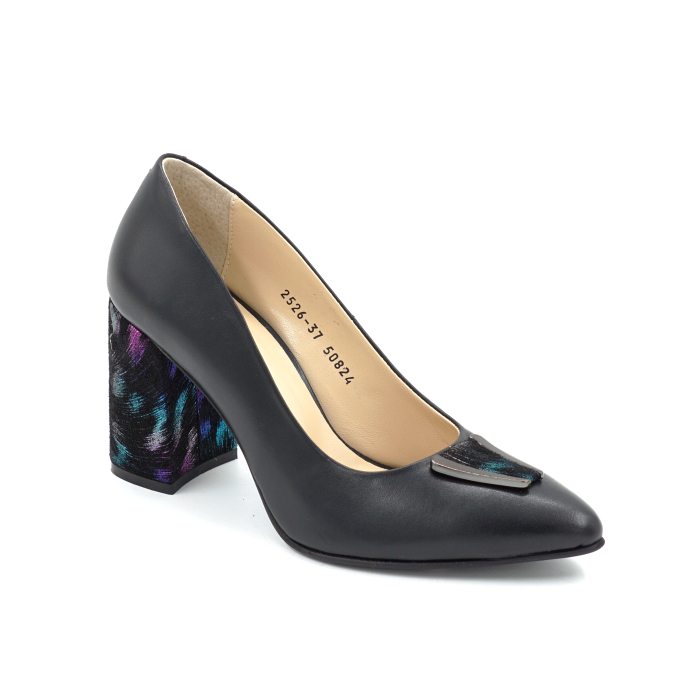 Pantofi dama din piele naturala neagra si cu imprimeu pene colorate cu varf ascutit stiletto si toc mediu gros imbracat de 8 cm 50824-2-25 [3]