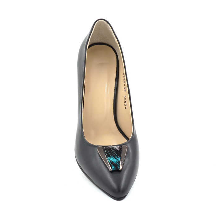 Pantofi dama din piele naturala neagra si cu imprimeu pene colorate cu varf ascutit stiletto si toc mediu gros imbracat de 8 cm 50824-2-25 [6]