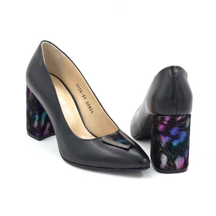 Pantofi dama din piele naturala neagr si cu imprimeu pene colorate cu varf ascutit stiletto si toc mediu gros imbracat de 8 cm 50824-2-25 [3]