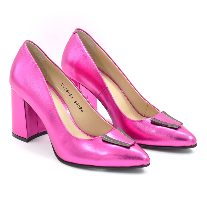 Pantofi dama din piele naturala fucsia metalizata cu varf ascutit stiletto si toc mediu gros imbracat de 8 cm 50824-3-25 [2]