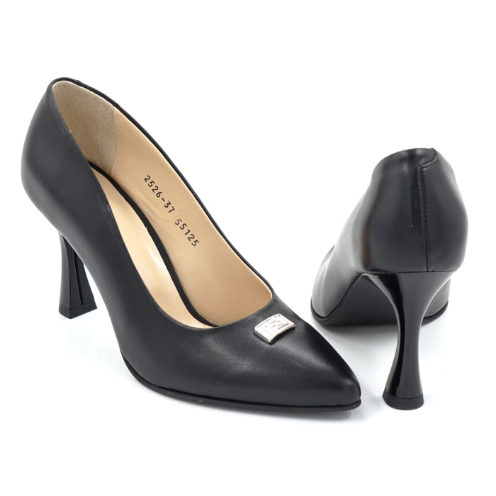 Pantofi dama din piele naturala neagra cu varf ascutit stiletto si toc mediu subtire de 8 cm 55025-1-25 [3]