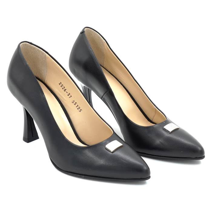 Pantofi dama din piele naturala neagra cu varf ascutit stiletto si toc mediu subtire de 8 cm 55025-1-25 [2]
