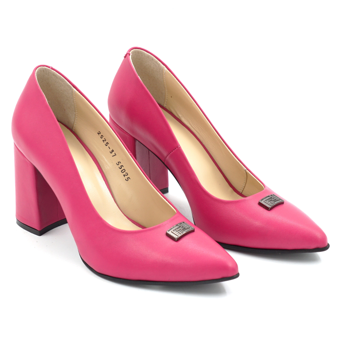 Pantofi dama din piele naturala fucsia cu varf ascutit stiletto si toc mediu gros imbracat de 8 cm 55025-25 [2]