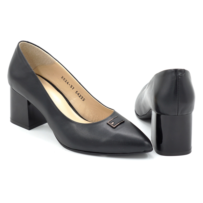Pantofi dama din piele naturala cu accesoriu in fata cu varf ascutit si toc gros de 6 cm 54225-25 [3]