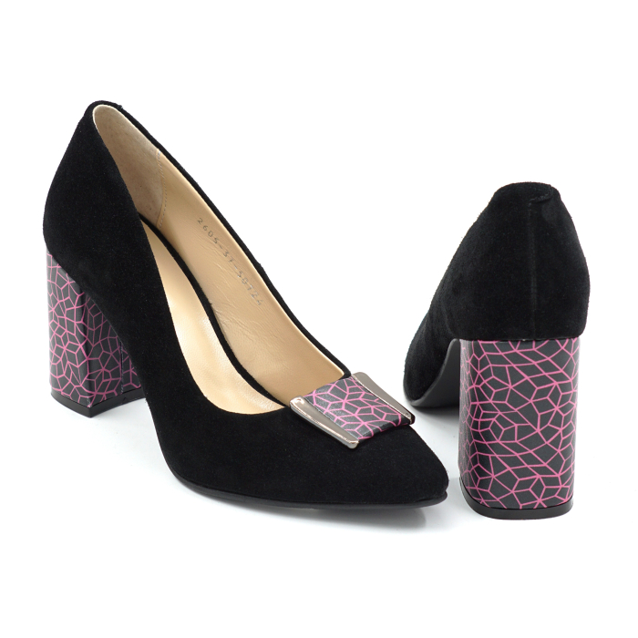 Pantofi dama din piele naturala intoarsa neagra cu varf ascutit stiletto si toc mediu gros imbracat de 8 cm 50724-26 [3]