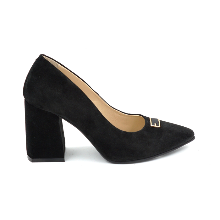 Pantofi dama din piele naturala intoarsa neagra cu varf ascutit stiletto si toc mediu gros imbracat de 8 cm 54125-25 [4]