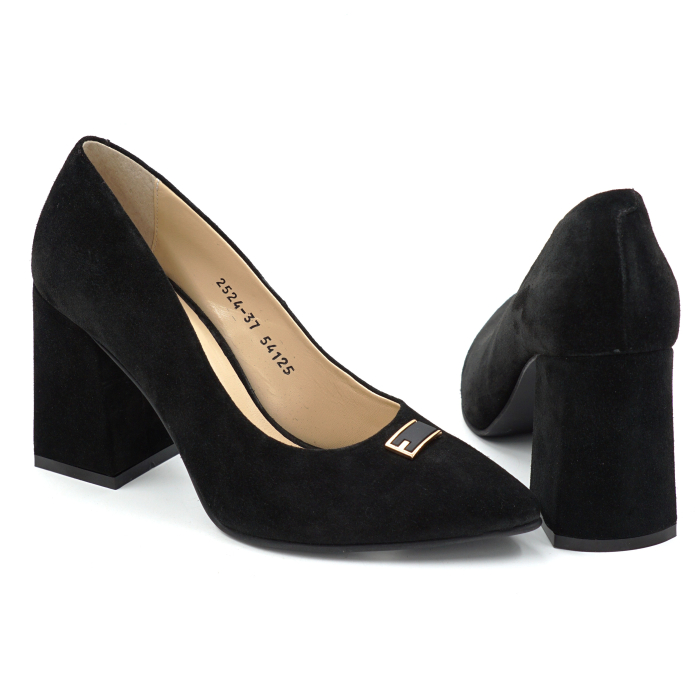 Pantofi dama din piele naturala intoarsa neagra cu varf ascutit stiletto si toc mediu gros imbracat de 8 cm 54125-25 [3]