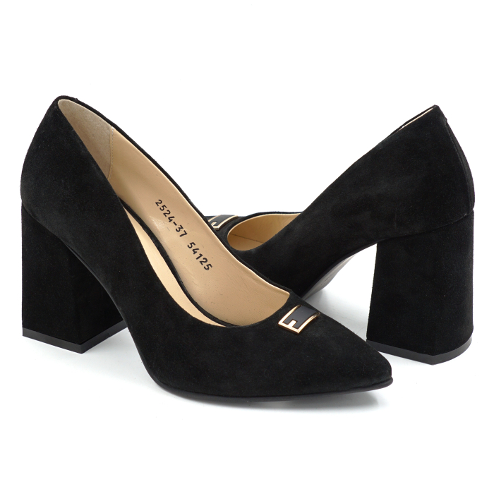Pantofi dama din piele naturala intoarsa neagra cu varf ascutit stiletto si toc mediu gros imbracat de 8 cm 54125-25 [1]