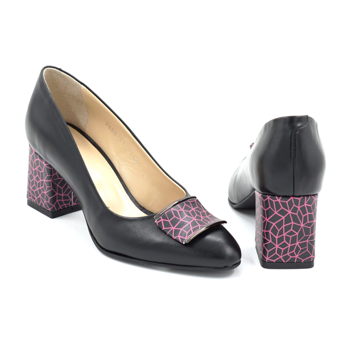 Pantofi dama din piele naturala neagra cu varf ascutit si toc mic gros imbracat de 6 cm 51424-1-26 [4]