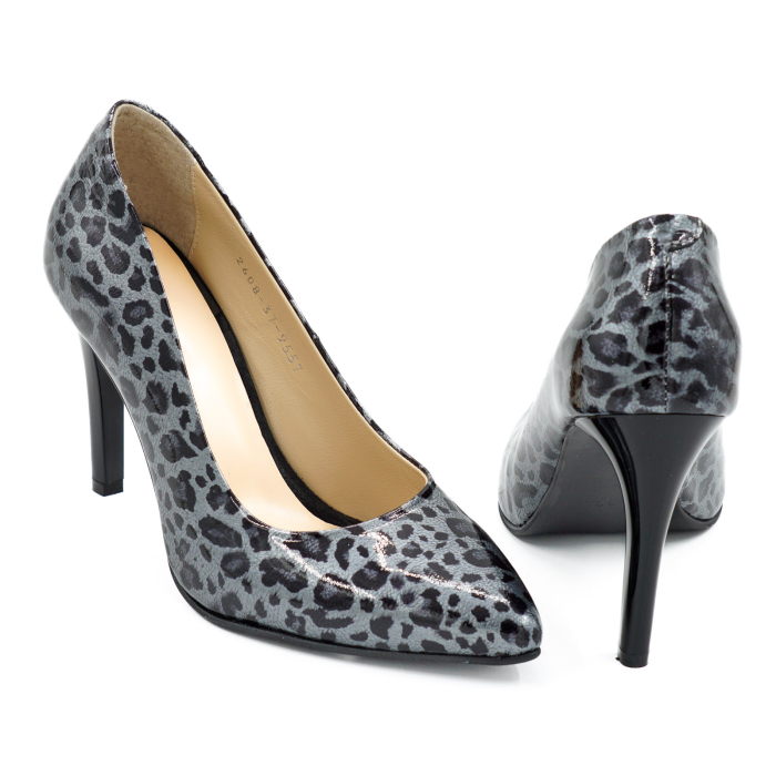 Pantofi dama din piele naturala lacuita gri cu imprimeu leopard cu varf ascutit stiletto si toc inalt subtire de 9 cm 9557-9-26 [5]