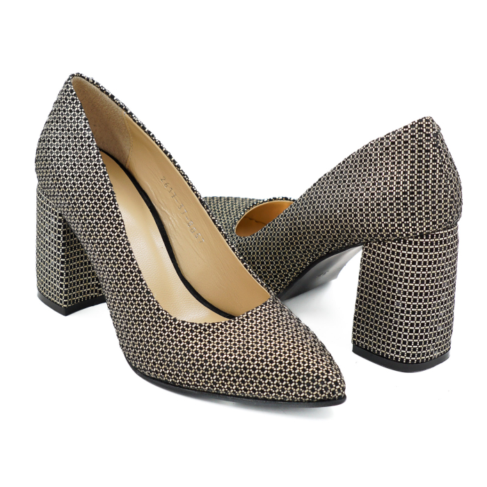 Pantofi dama din piele naturala neagra cu imprimeu auriu, cu varf ascutit stiletto si toc mediu gros imbracat de 8 cm 8057-8-26 [4]