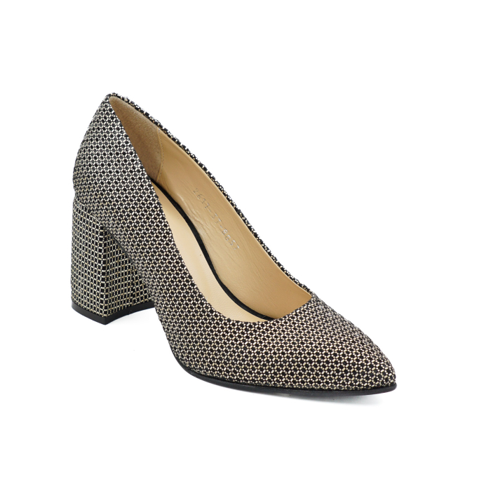 Pantofi dama din piele naturala neagra cu imprimeu auriu, cu varf ascutit stiletto si toc mediu gros imbracat de 8 cm 8057-8-26 [2]