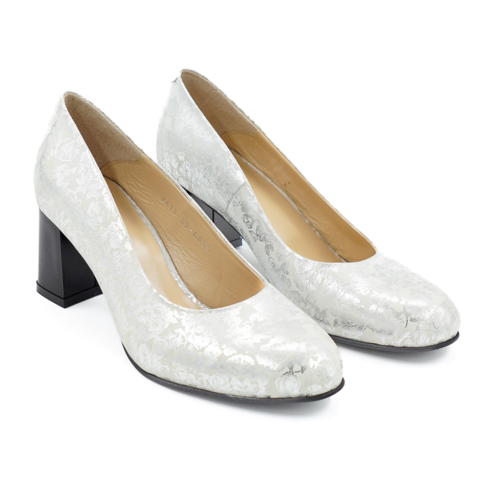 Pantofi dama din piele naturala cu imprimeu argintiu, cu varf rotund si toc mic gros de 6 cm 6055-5-26 [3]
