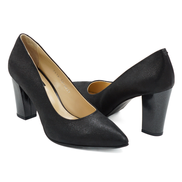 Pantofi dama din piele naturala cu imprimeu negru, cu varf ascutit stiletto si toc mediu gros de 8 cm 8057-9-26 [4]
