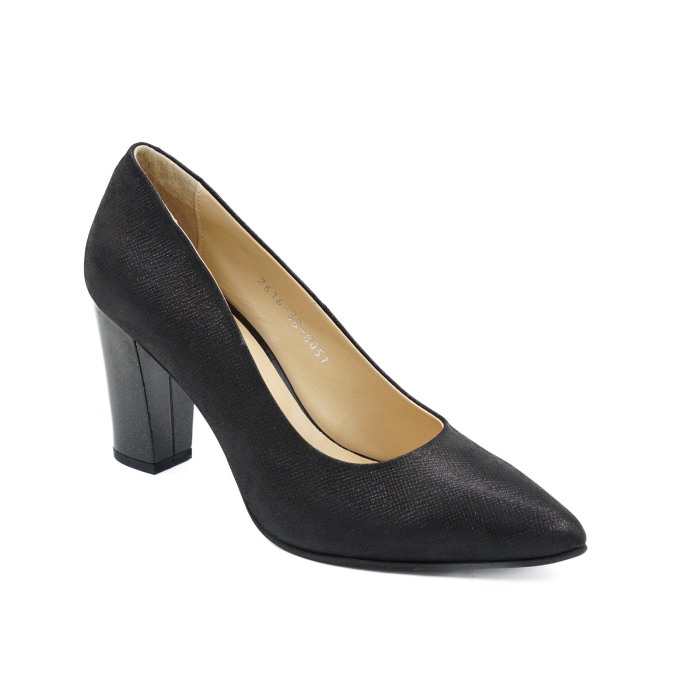 Pantofi dama din piele naturala cu imprimeu negru, cu varf ascutit stiletto si toc mediu gros de 8 cm 8057-9-26 [2]