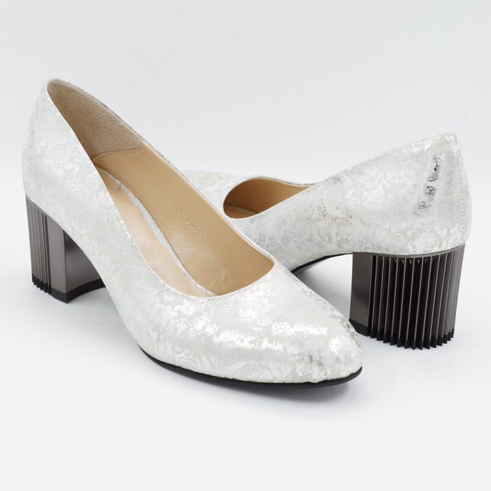 Pantofi dama din piele naturala cu imprimeu argintiu, cu varf rotund si toc mic gros de 6 cm 6055-3-26 [4]