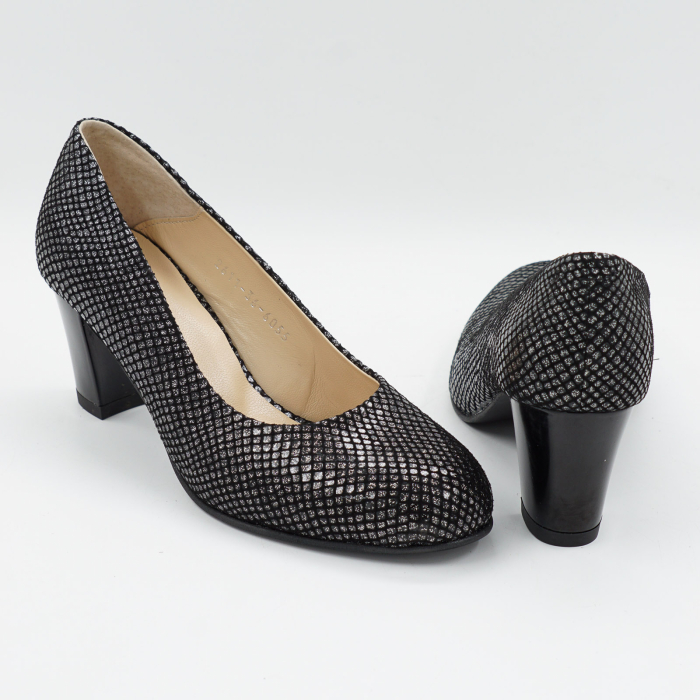 Pantofi dama din piele naturala neagra cu imprimeu, cu varf rotund si toc mic gros de 6 cm 6055-2-26 [5]
