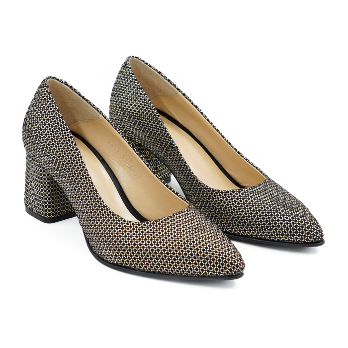 Pantofi dama din piele naturala neagra cu imprimeu auriu, cu varf ascutit stiletto si toc mic gros imbracat de 6 cm 6057-12-26 [3]