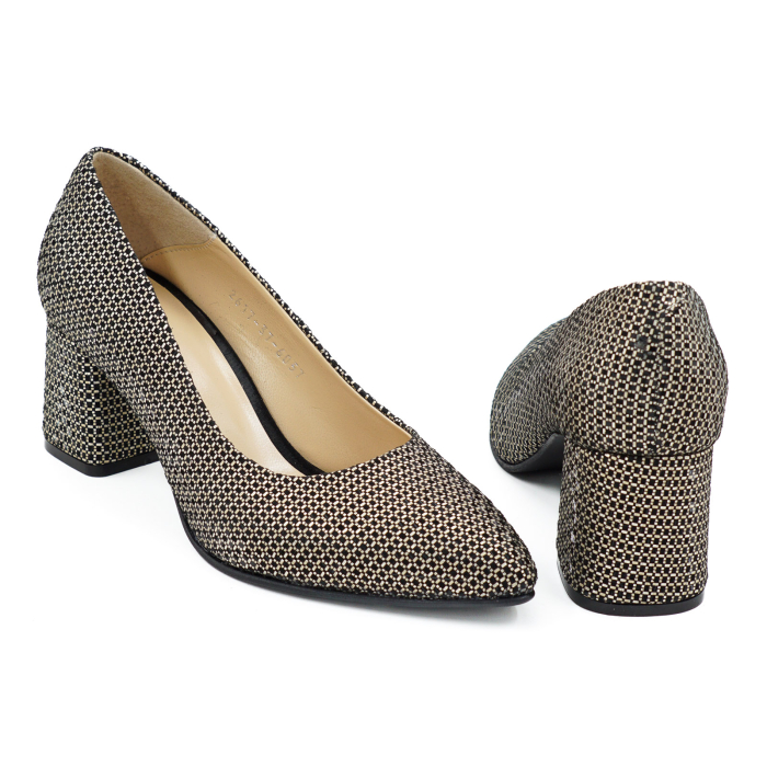 Pantofi dama din piele naturala neagra cu imprimeu auriu, cu varf ascutit stiletto si toc mic gros imbracat de 6 cm 6057-12-26 [5]