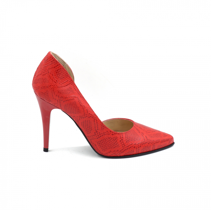 Pantofi dama din piele naturala cu imprimeu mat sarpe rosu cu varf ascutit stiletto si toc inalt subtire 10 cm 53024-4-25 [3]