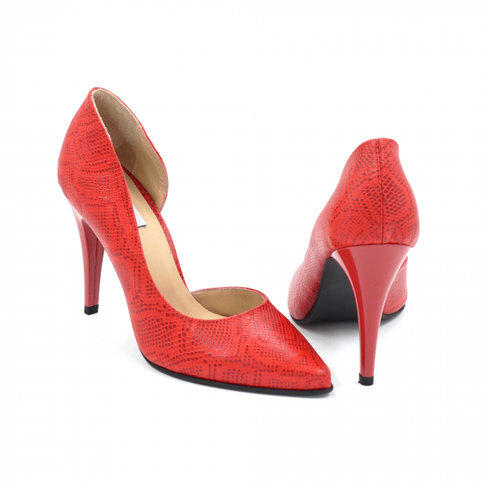 Pantofi dama din piele naturala cu imprimeu mat sarpe rosu cu varf ascutit stiletto si toc inalt subtire 10 cm 53024-4-25 [5]