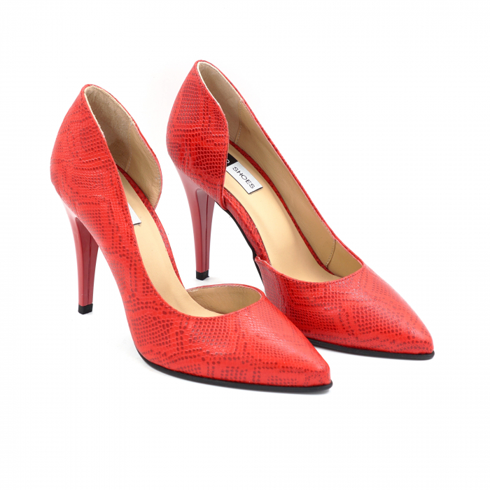 Pantofi dama din piele naturala cu imprimeu mat sarpe rosu cu varf ascutit stiletto si toc inalt subtire 10 cm 53024-4-25 [4]