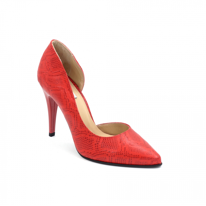 Pantofi dama din piele naturala cu imprimeu mat sarpe rosu cu varf ascutit stiletto si toc inalt subtire 10 cm 53024-4-25 [2]