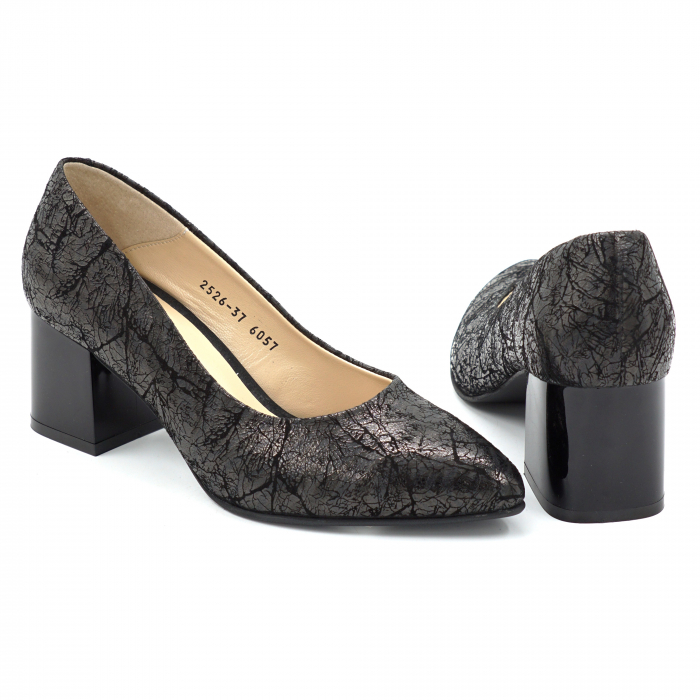 Pantofi dama din piele naturala neagra cu imprimeu cu varf ascutit stiletto si toc mic gros 6 cm 6057-15-25 [5]