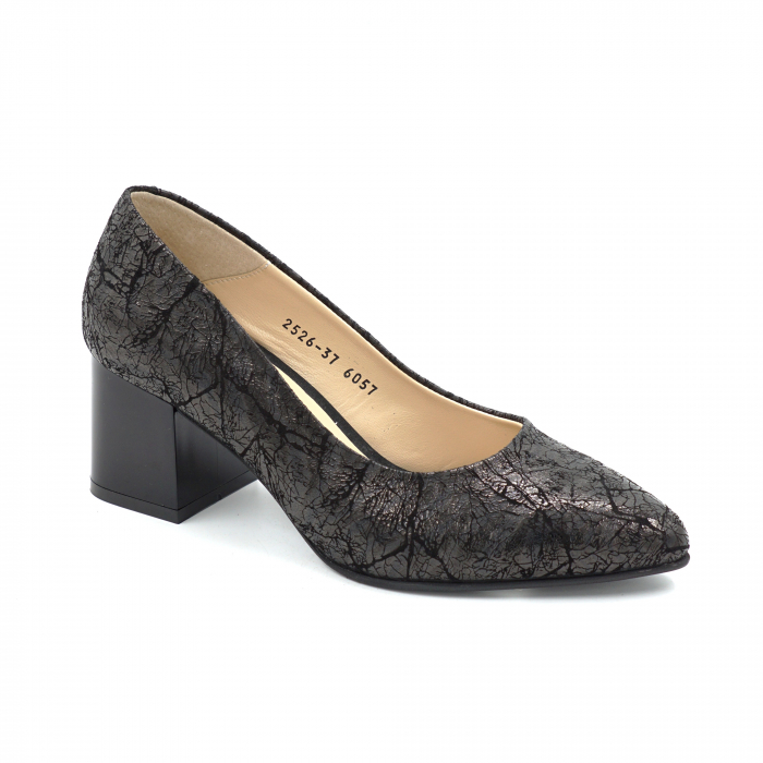Pantofi dama din piele naturala neagra cu imprimeu cu varf ascutit stiletto si toc mic gros 6 cm 6057-15-25 [2]