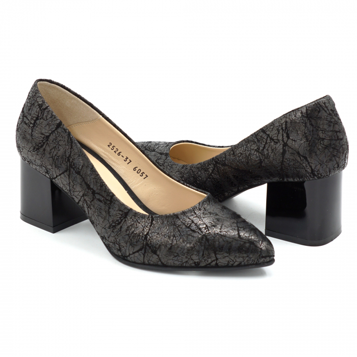 Pantofi dama din piele naturala neagra cu imprimeu cu varf ascutit stiletto si toc mic gros 6 cm 6057-15-25 [4]