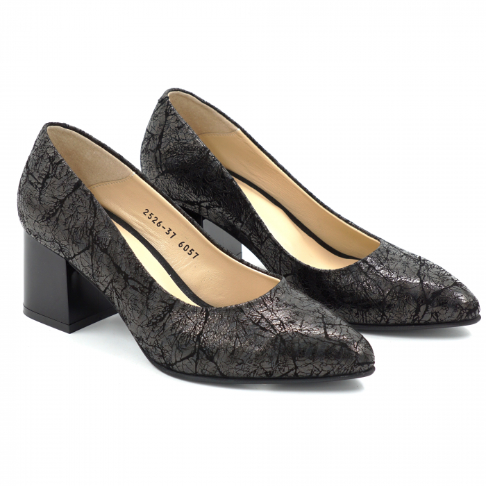 Pantofi dama din piele naturala neagra cu imprimeu cu varf ascutit stiletto si toc mic gros 6 cm 6057-15-25 [3]