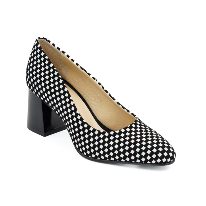 Pantofi dama din piele naturala cu imprimeu negru cu alb, cu varf ascutit si toc mic gros de 6 cm 0700-8-26 [2]