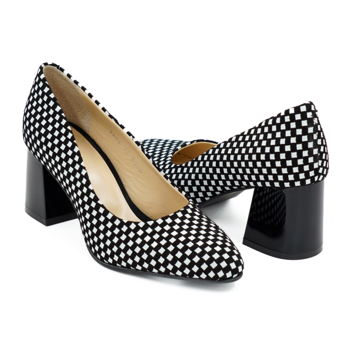 Pantofi dama din piele naturala cu imprimeu negru cu alb, cu varf ascutit si toc mic gros de 6 cm 0700-8-26 [4]