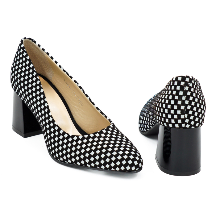 Pantofi dama din piele naturala cu imprimeu negru cu alb, cu varf ascutit si toc mic gros de 6 cm 0700-8-26 [5]