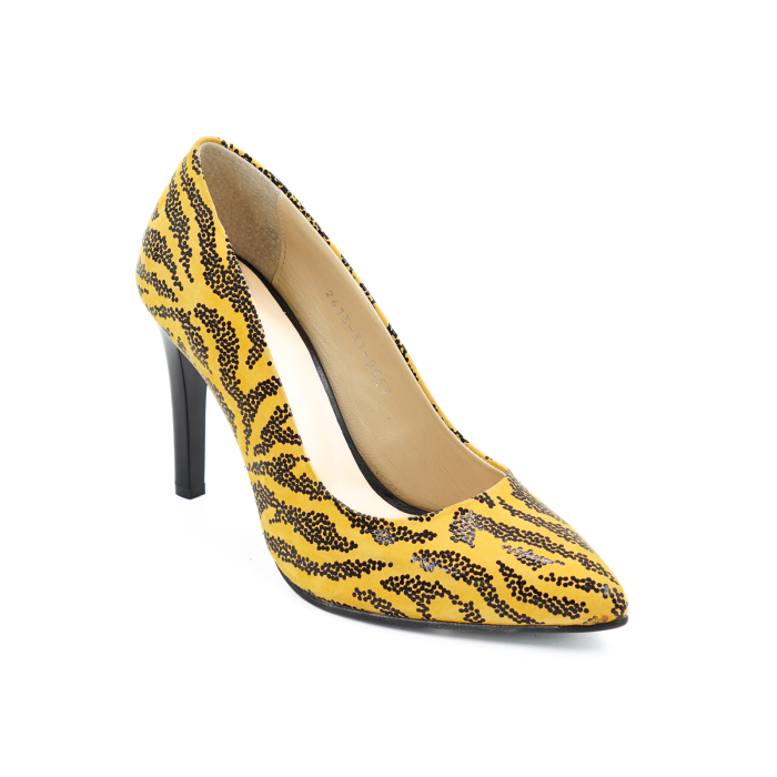 Pantofi dama din piele naturala galben mustar cu imprimeu negru cu varf ascutit stiletto si toc inalt subtire de 9 cm 9557-5-26 [2]