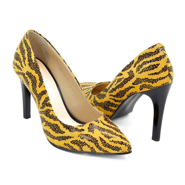 Pantofi dama din piele naturala galben mustar cu imprimeu negru cu varf ascutit stiletto si toc inalt subtire de 9 cm 9557-5-26 [4]