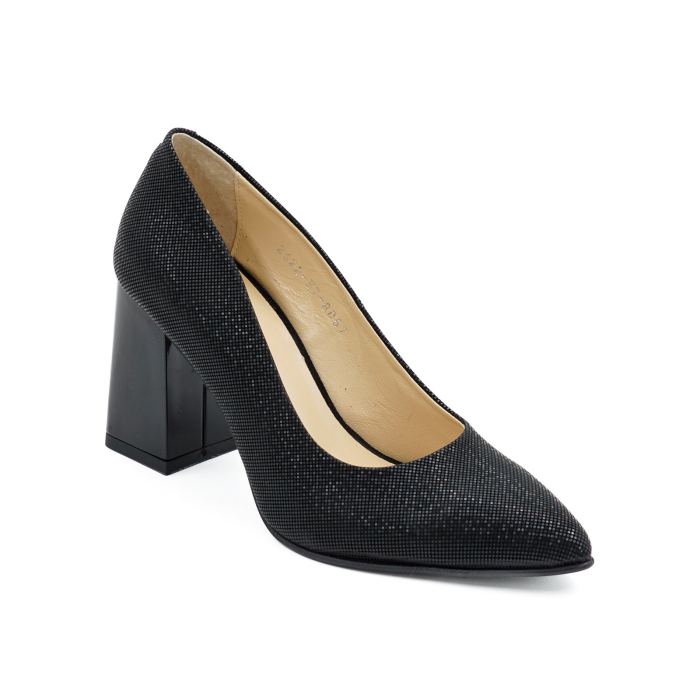 Pantofi dama din piele naturala cu imprimeu negru, cu varf ascutit stiletto si toc mediu gros de 8 cm 8057-10-26 [2]