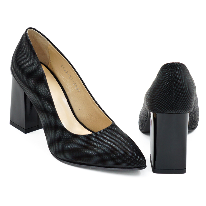 Pantofi dama din piele naturala cu imprimeu negru, cu varf ascutit stiletto si toc mediu gros de 8 cm 8057-10-26 [5]