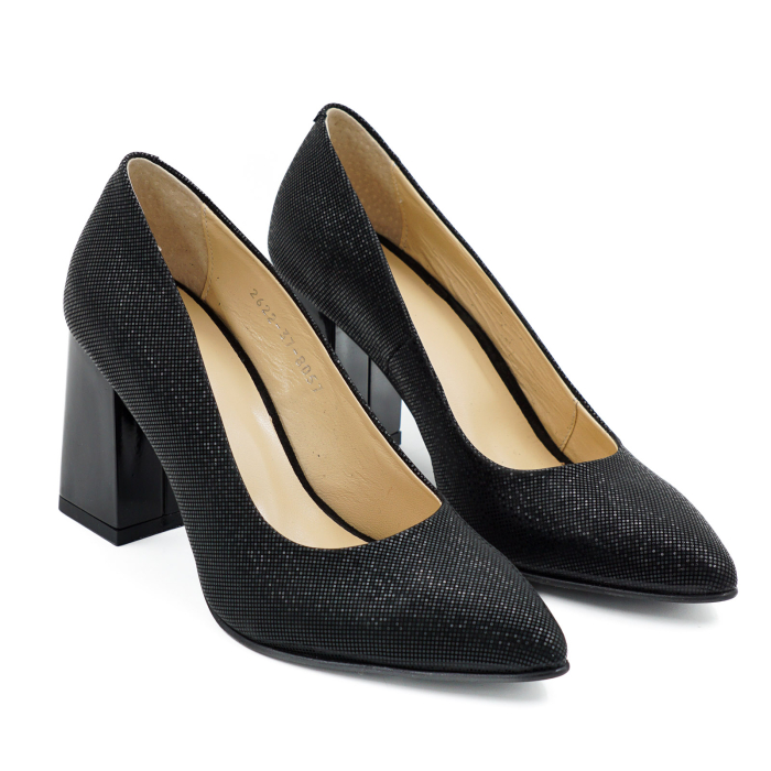 Pantofi dama din piele naturala cu imprimeu negru, cu varf ascutit stiletto si toc mediu gros de 8 cm 8057-10-26 [3]