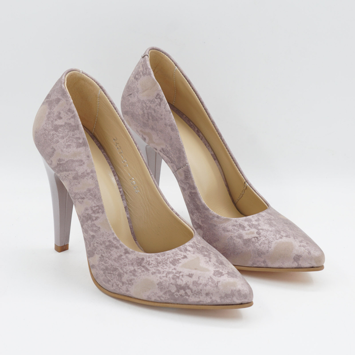 Pantofi dama din piele naturala cu imprimeu roz sidefat, cu varf ascutit stiletto si cu toc inalt subtire de 10 cm 1046-1-26 [3]