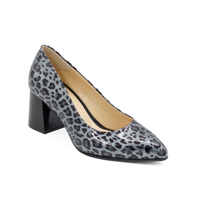 Pantofi dama din piele naturala lacuita gri cu imprimeu leopard, cu varf ascutit stiletto si toc mic gros de 6 cm 6057-2-26 [2]