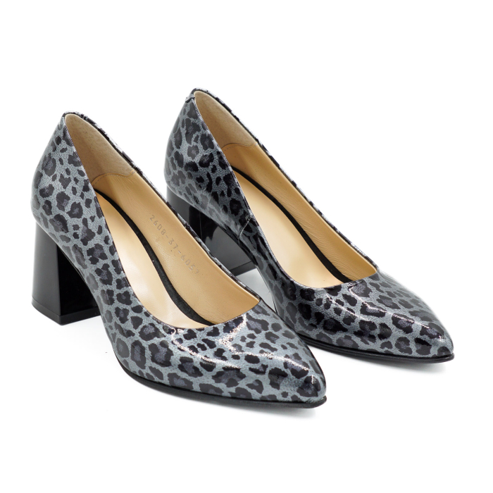 Pantofi dama din piele naturala lacuita gri cu imprimeu leopard, cu varf ascutit stiletto si toc mic gros de 6 cm 6057-2-26 [3]