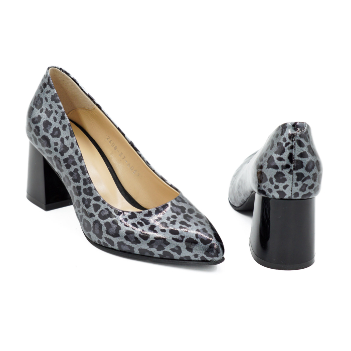 Pantofi dama din piele naturala lacuita gri cu imprimeu leopard, cu varf ascutit stiletto si toc mic gros de 6 cm 6057-2-26 [5]