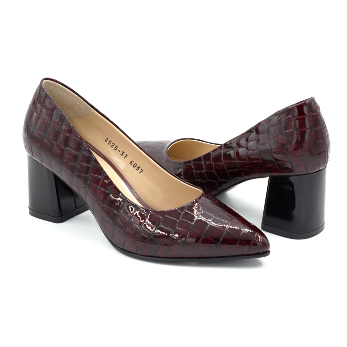Pantofi dama din piele naturala lacuita croco visiniu cu varf ascutit  stiletto si toc mic gros de 6 cm 6057-7-25 [4]