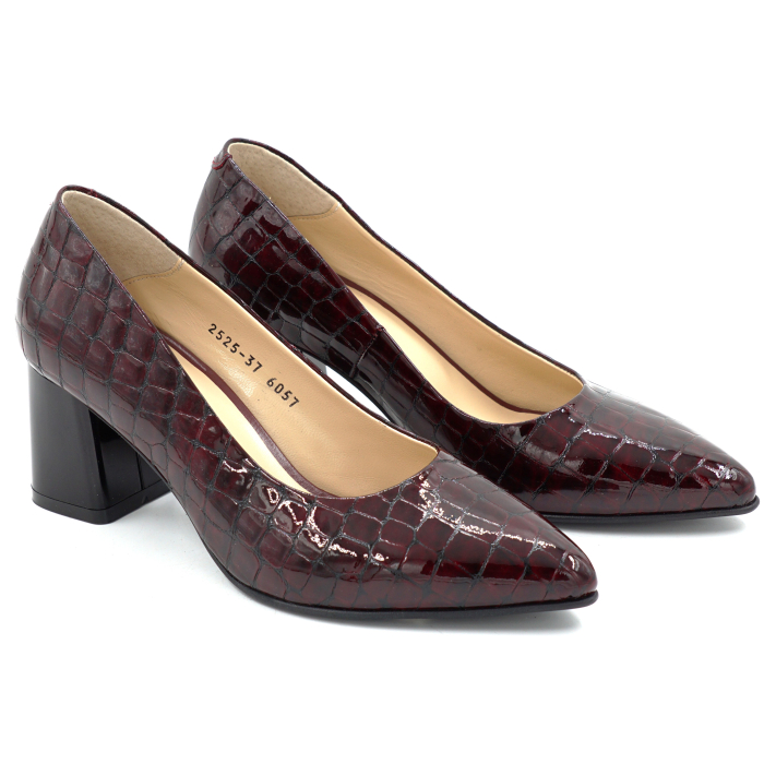 Pantofi dama din piele naturala lacuita croco visiniu cu varf ascutit  stiletto si toc mic gros de 6 cm 6057-7-25 [3]