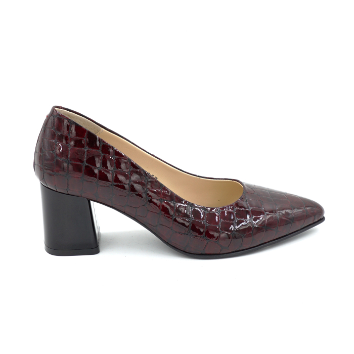Pantofi dama din piele naturala lacuita croco visiniu cu varf ascutit  stiletto si toc mic gros de 6 cm 6057-7-25 [1]