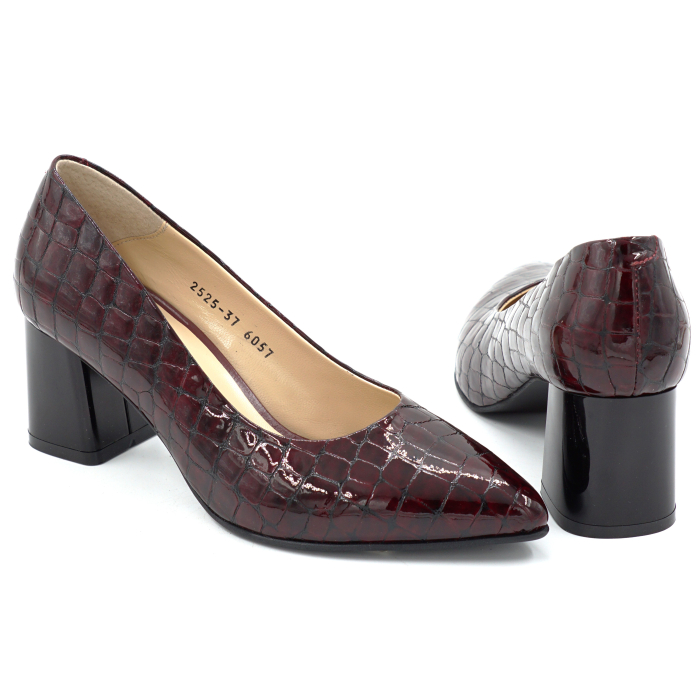 Pantofi dama din piele naturala lacuita croco visiniu cu varf ascutit  stiletto si toc mic gros de 6 cm 6057-7-25 [5]