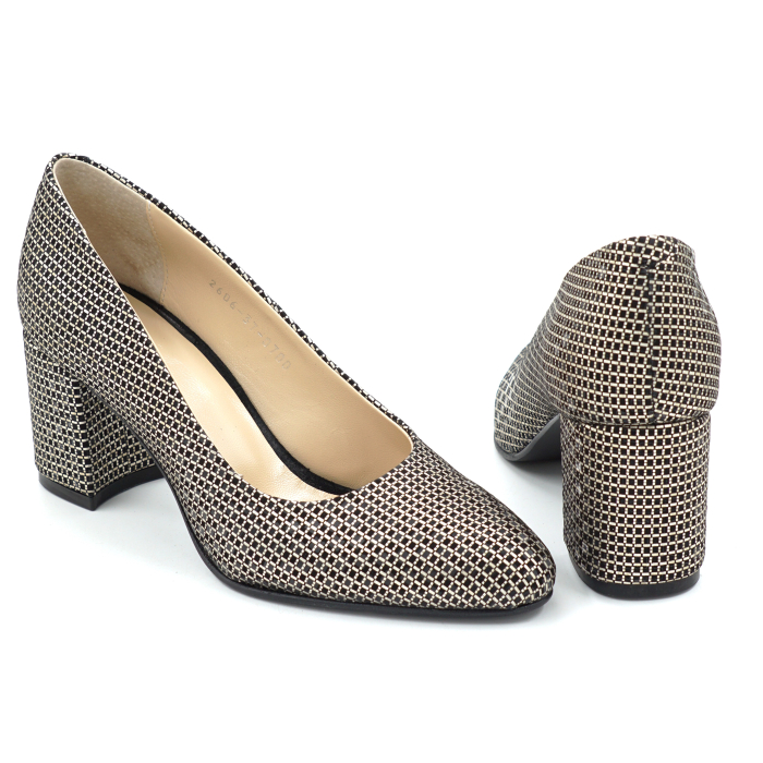 Pantofi dama din piele naturala cu imprimeu, cu varf ascutit si toc mic gros imbracat de 6 cm 0700-1-26 [5]
