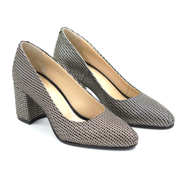 Pantofi dama din piele naturala cu imprimeu, cu varf ascutit si toc mic gros imbracat de 6 cm 0700-1-26 [3]